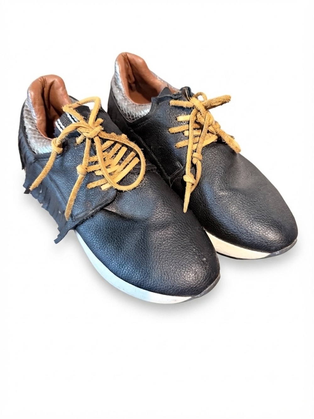 Black Leather Casual Sneakers with Tan Laces